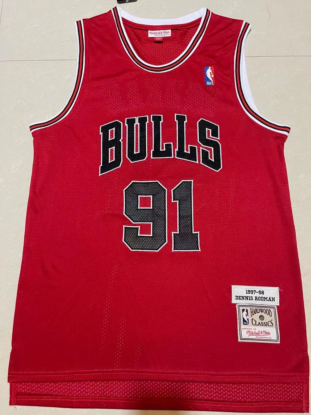 Bulls #91 Dennis Rodman Red Vintage Embroidered Jersey