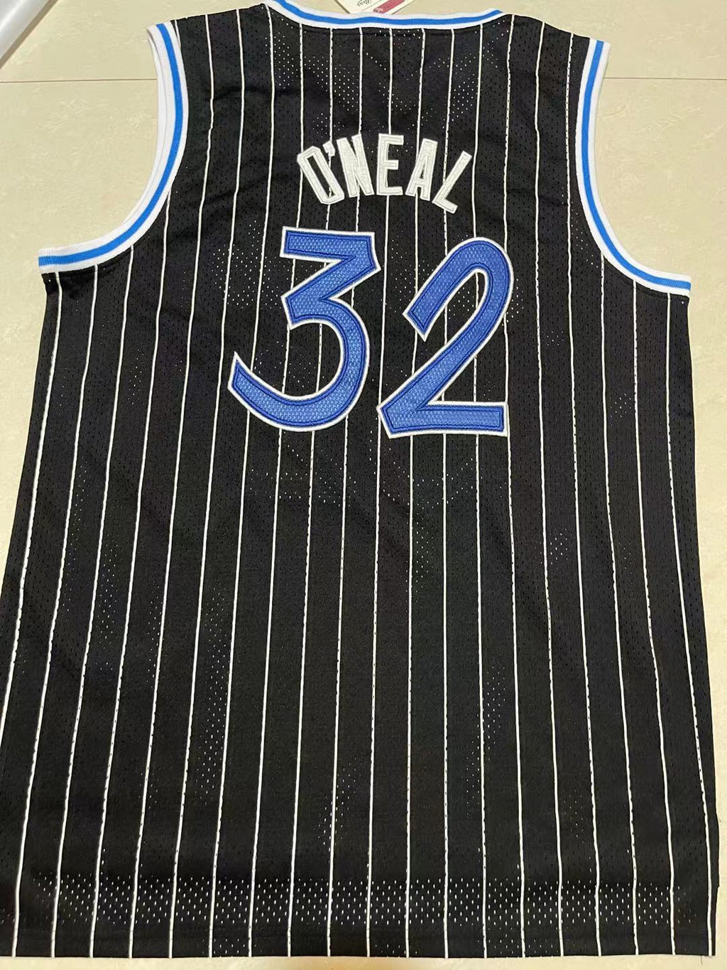Magic #32 Shaquille O'Neal Black & White Pinstripe Vintage Jersey