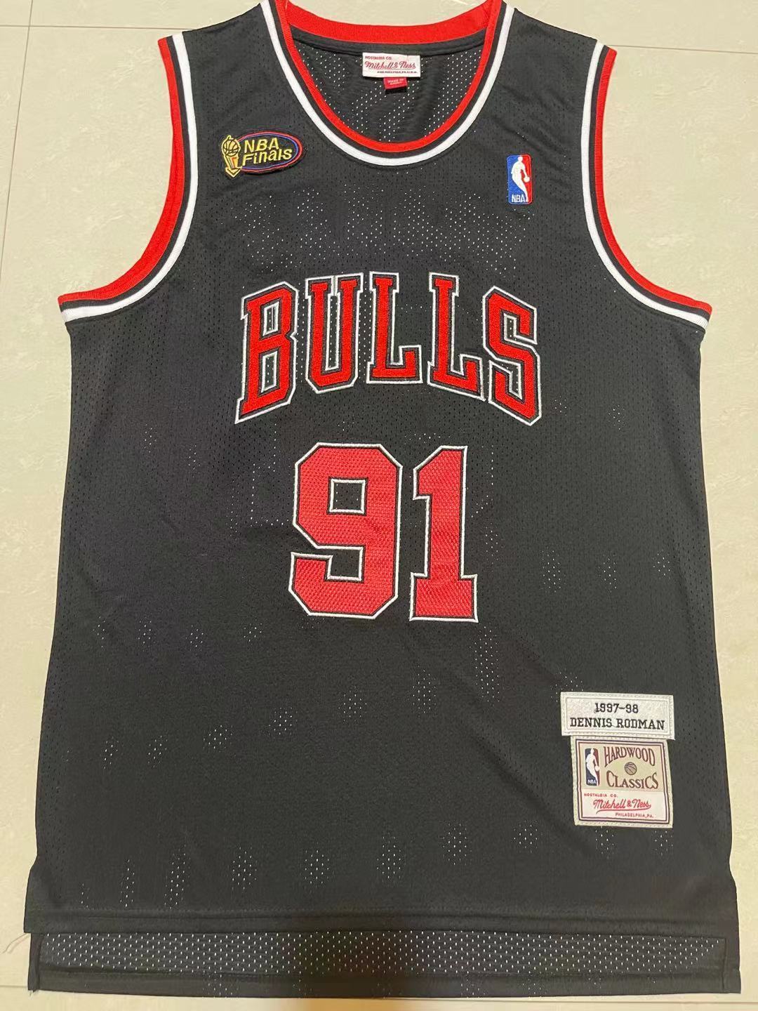 Bulls #91 Dennis Rodman Black Vintage Embroidered Jersey