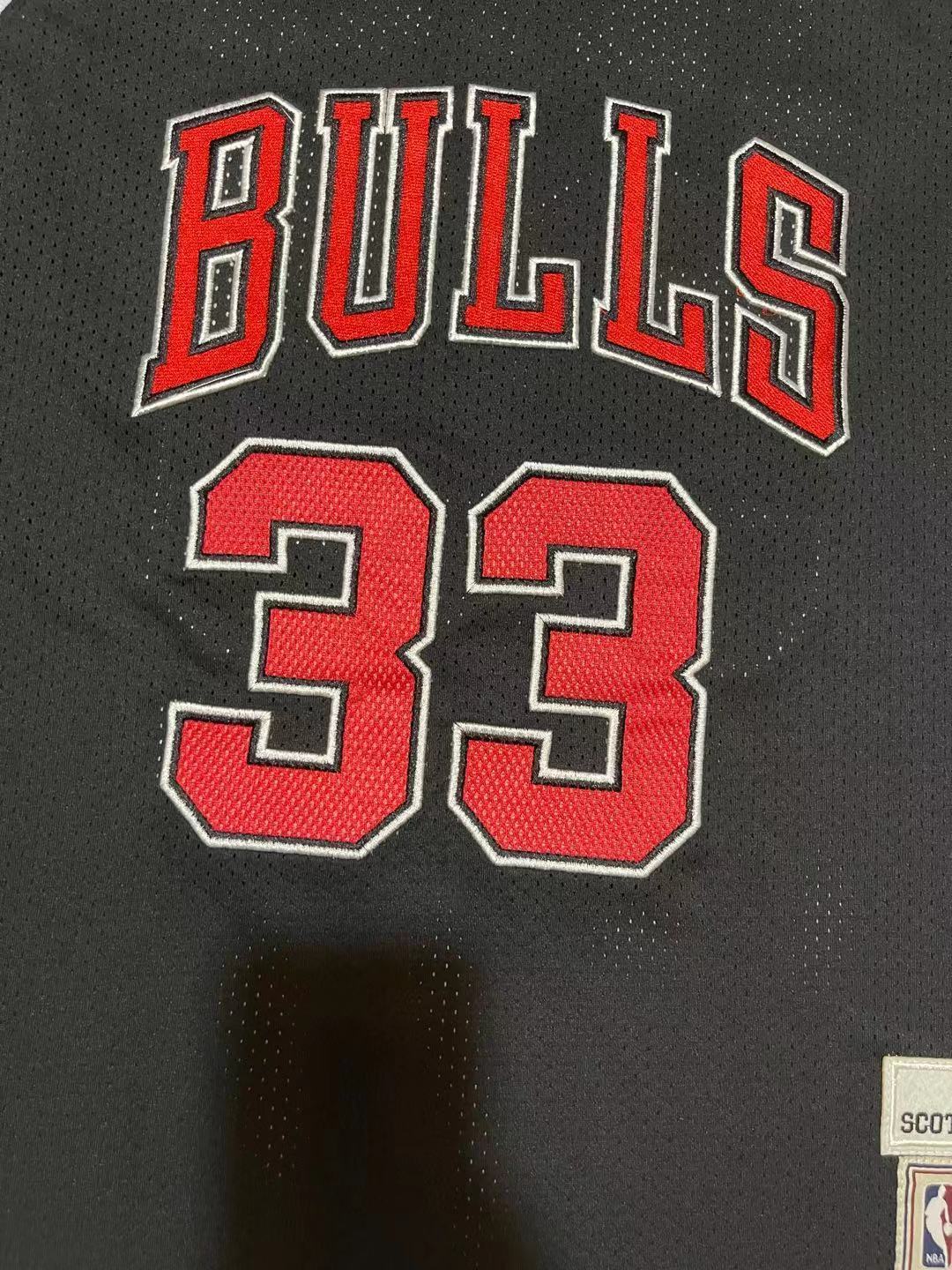 Bulls #33 Scottie Pippen Black & Red Pinstripe Vintage Jersey