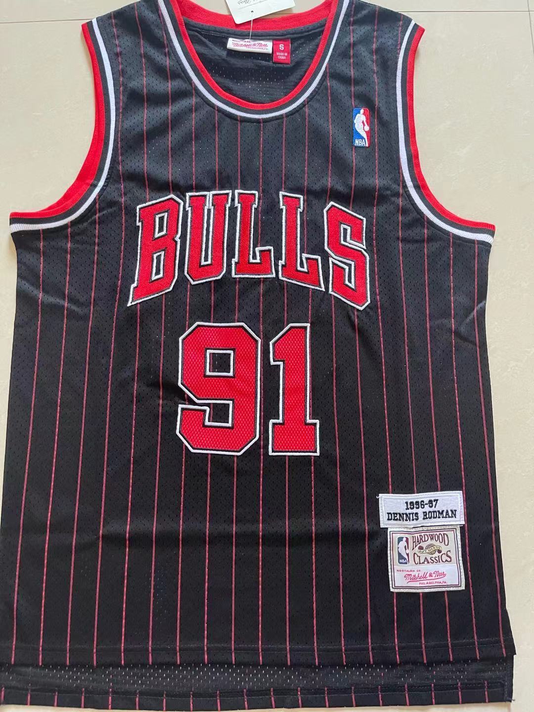 Bulls #91 Dennis Rodman Black & Red Vintage Embroidered Jersey