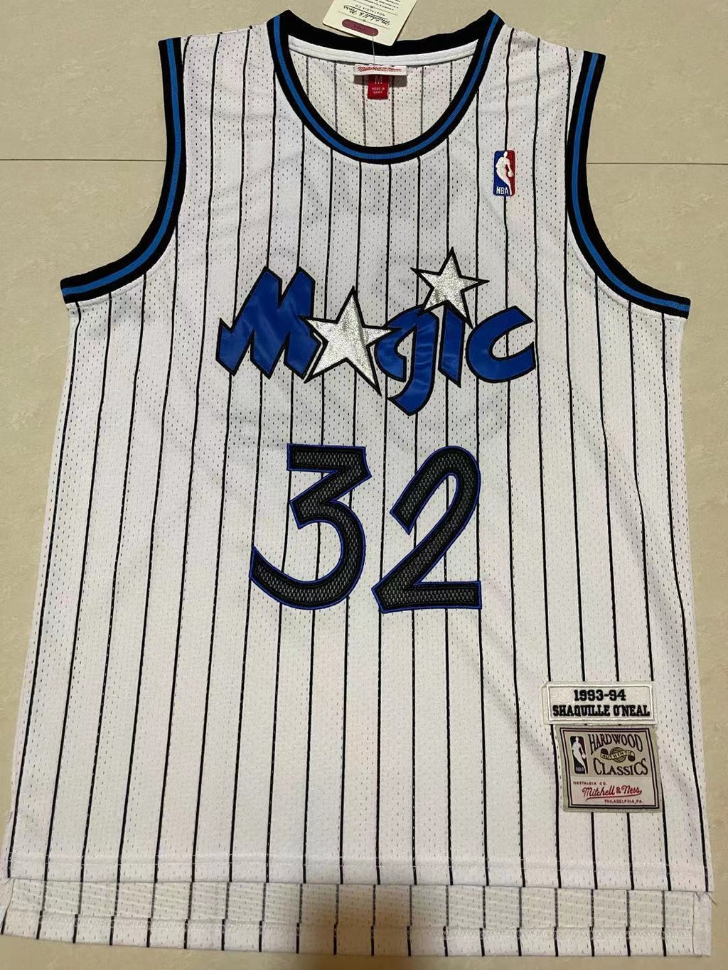 Magic #32 Shaquille O'Neal White Pinstripe Vintage Embroidered Jersey