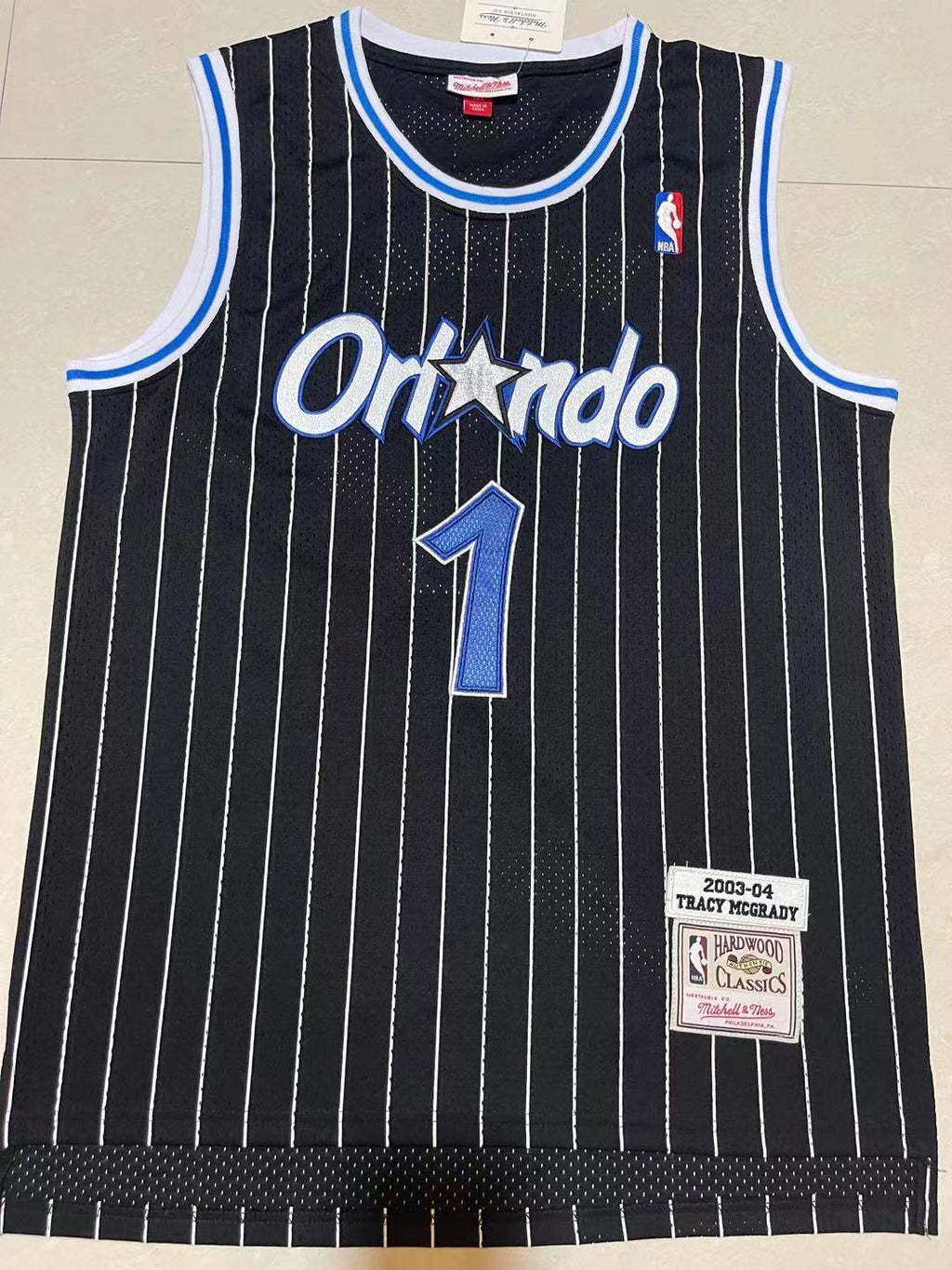 Magic #1 Black & White Pinstripe Vintage Embroidered Jersey