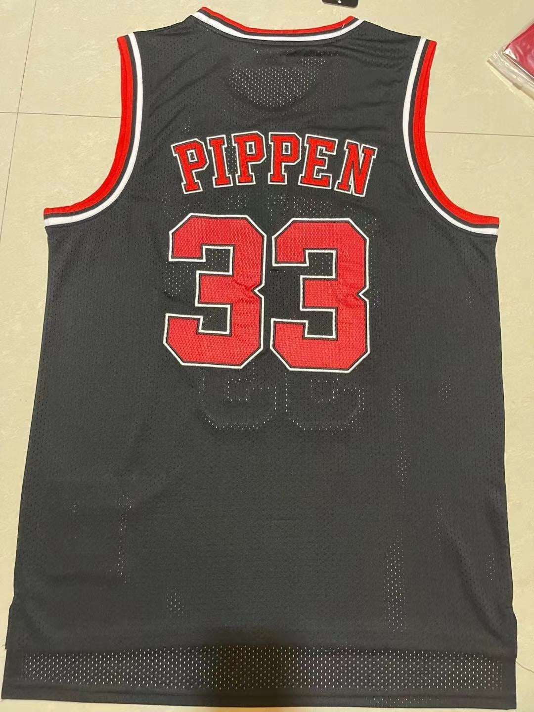 Bulls #33 Scottie Pippen Black & Red Pinstripe Vintage Jersey