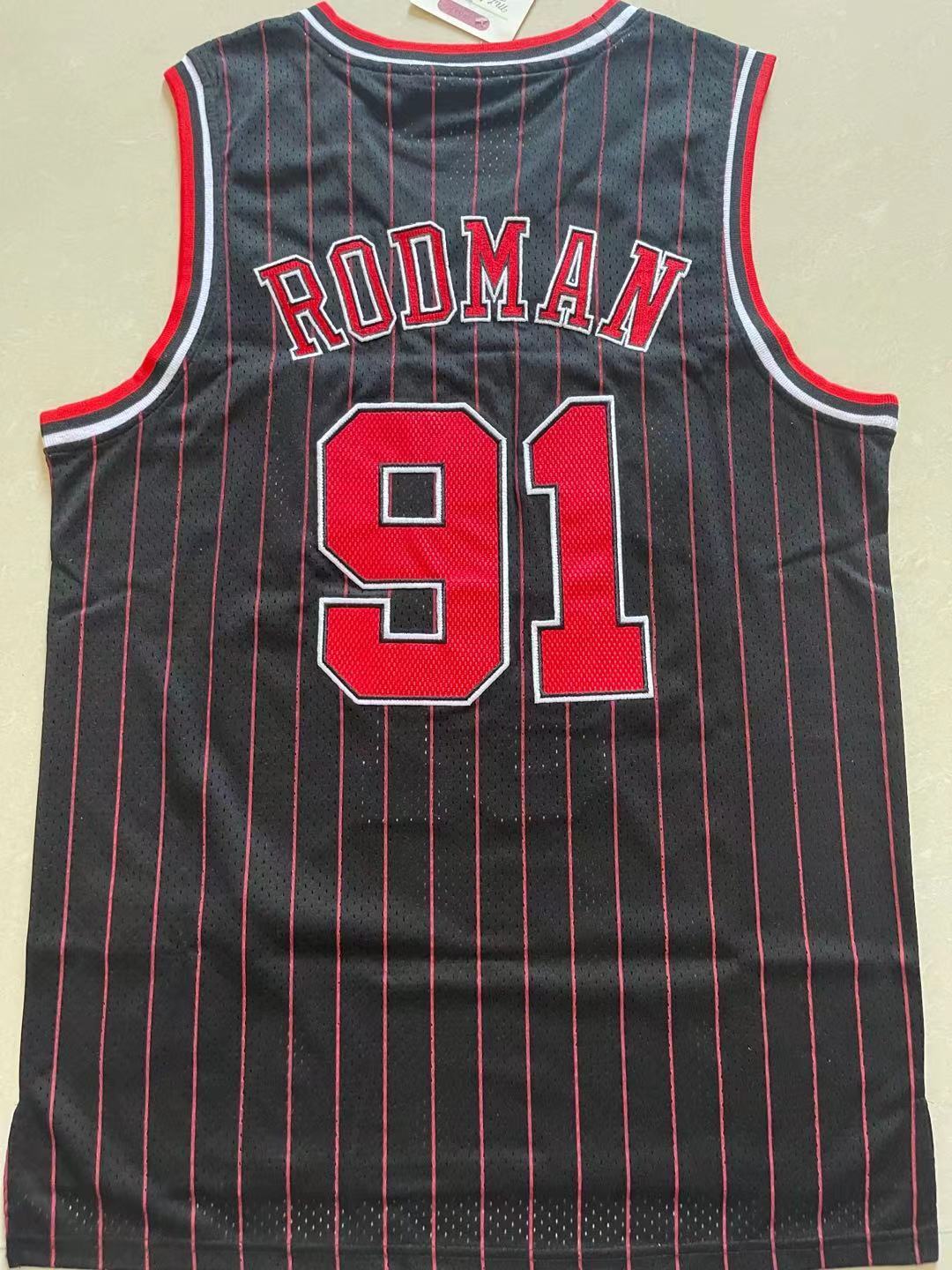 Bulls #91 Dennis Rodman Black & Red Vintage Embroidered Jersey