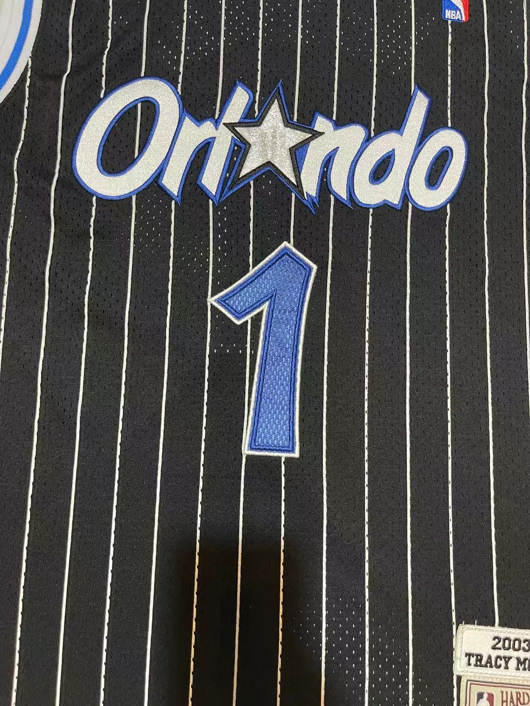 Magic #1 Black & White Pinstripe Vintage Embroidered Jersey