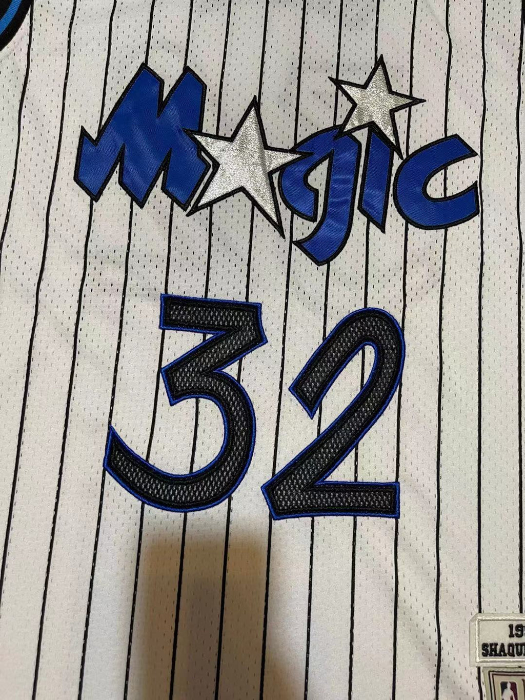 Magic #32 Shaquille O'Neal White Pinstripe Vintage Embroidered Jersey