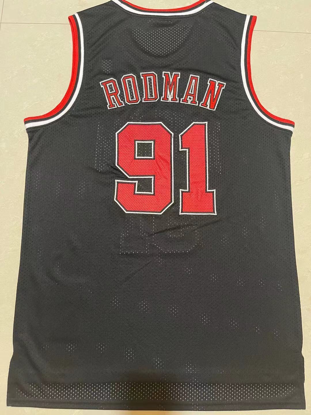 Bulls #91 Dennis Rodman Black Vintage Embroidered Jersey