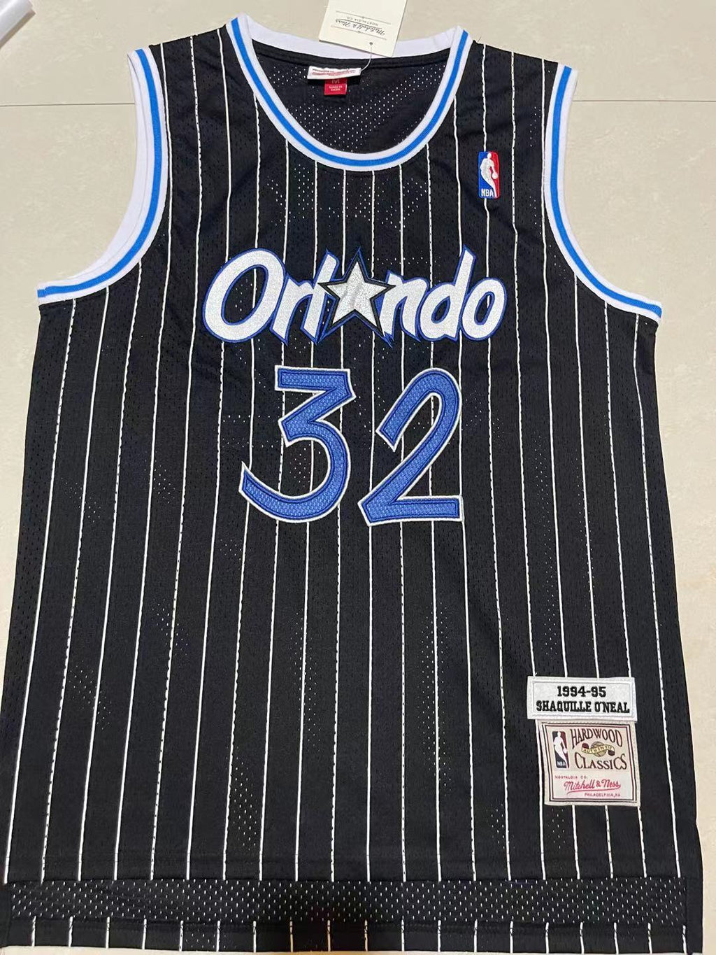 Magic #32 Shaquille O'Neal Black & White Pinstripe Vintage Jersey